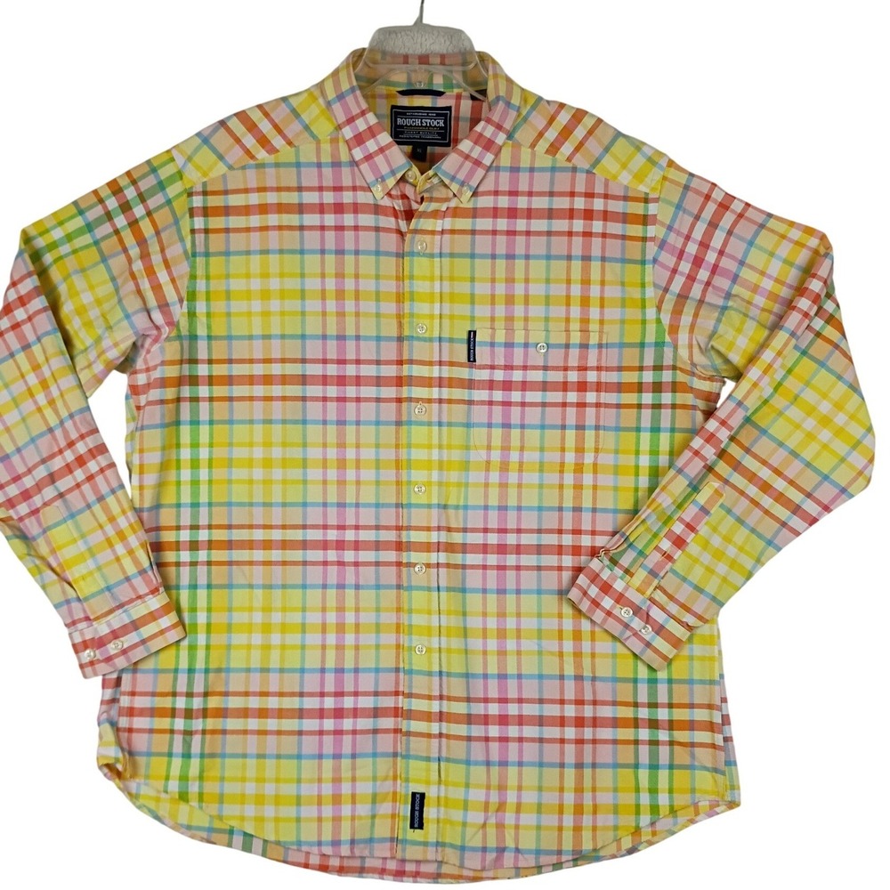 Vintage Panhandle Rough Stock Plaid Button Down Shirt Men XL Yellow Multi Oxford